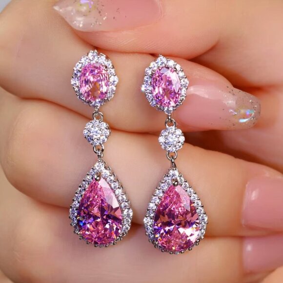 NEW 18k White Gold Pink Sapphire Diamond Drop Earrings - Picture 2 of 3